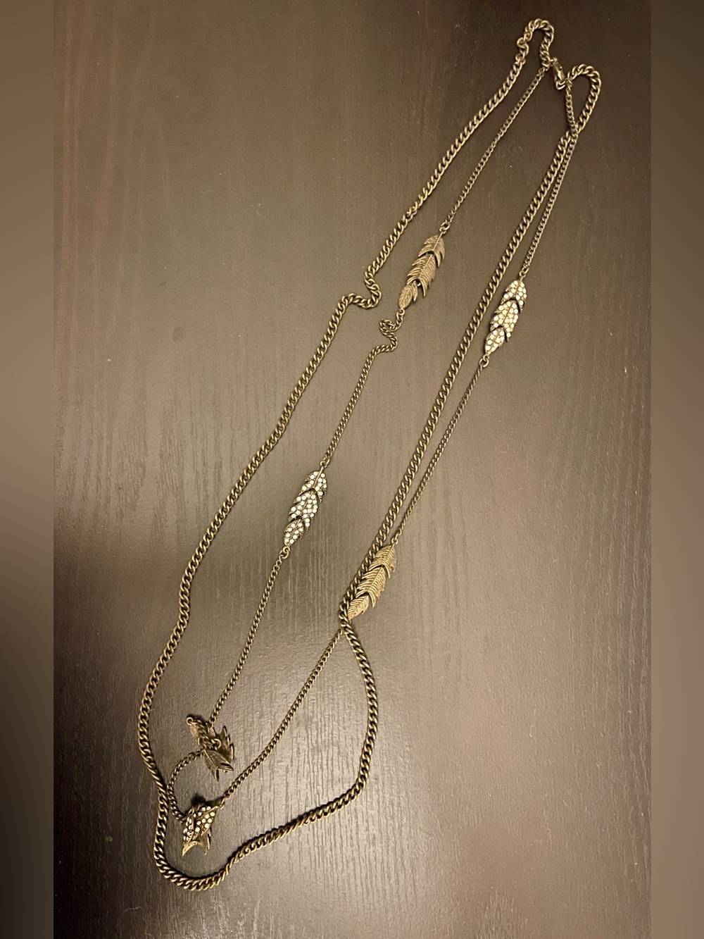 Long Fashion Rhinestone Feather Brass Necklace